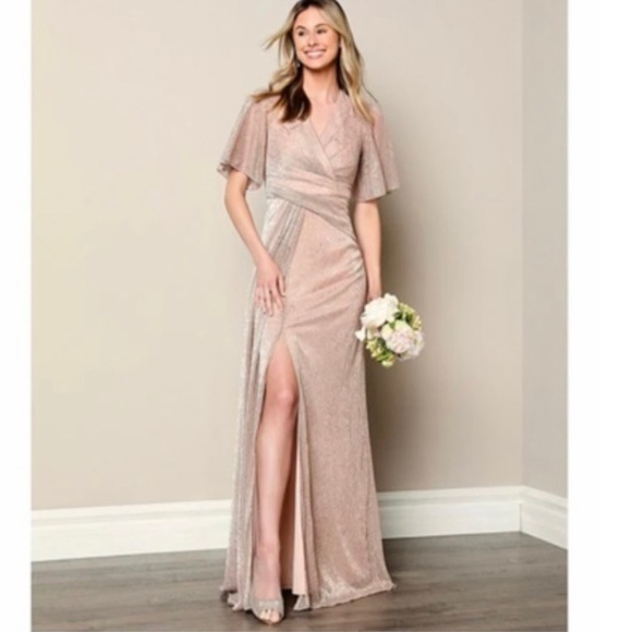 Adrianna Papell Dresses & Skirts - Adrianna Papell Floral Metallic Mesh Draped Gown in Rose Gold Size 6